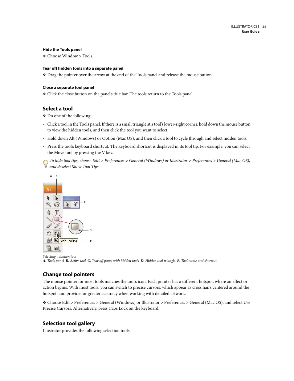 Select a tool, Change tool pointers, Selection tool gallery | Adobe Illustrator CS3 User Manual | Page 31 / 495