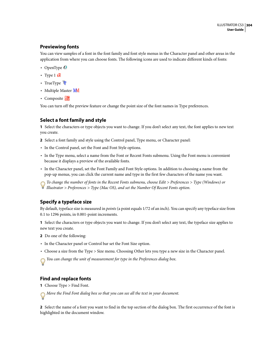 Previewing fonts, Select a font family and style, Specify a typeface size | Find and replace fonts | Adobe Illustrator CS3 User Manual | Page 310 / 495