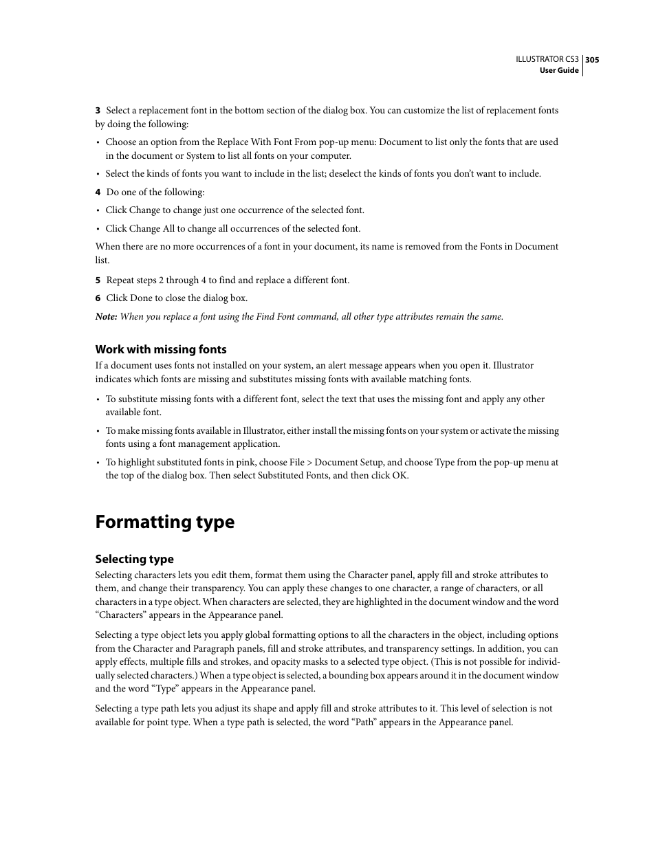 Work with missing fonts, Formatting type, Selecting type | Adobe Illustrator CS3 User Manual | Page 311 / 495