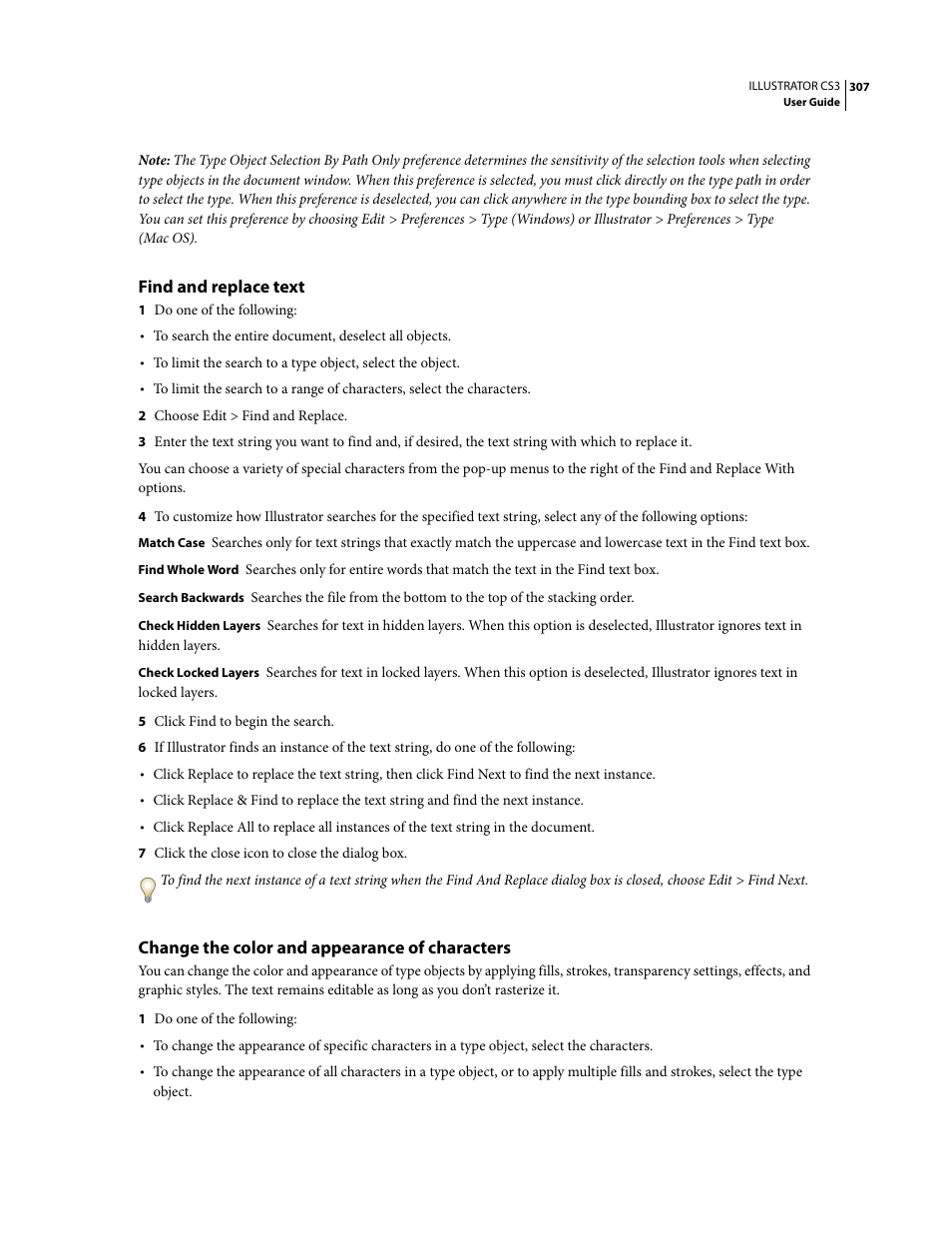 Find and replace text, Change the color and appearance of characters | Adobe Illustrator CS3 User Manual | Page 313 / 495