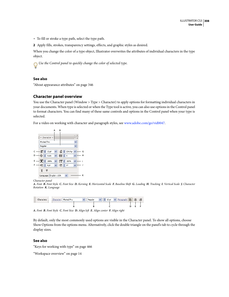 Character panel overview | Adobe Illustrator CS3 User Manual | Page 314 / 495