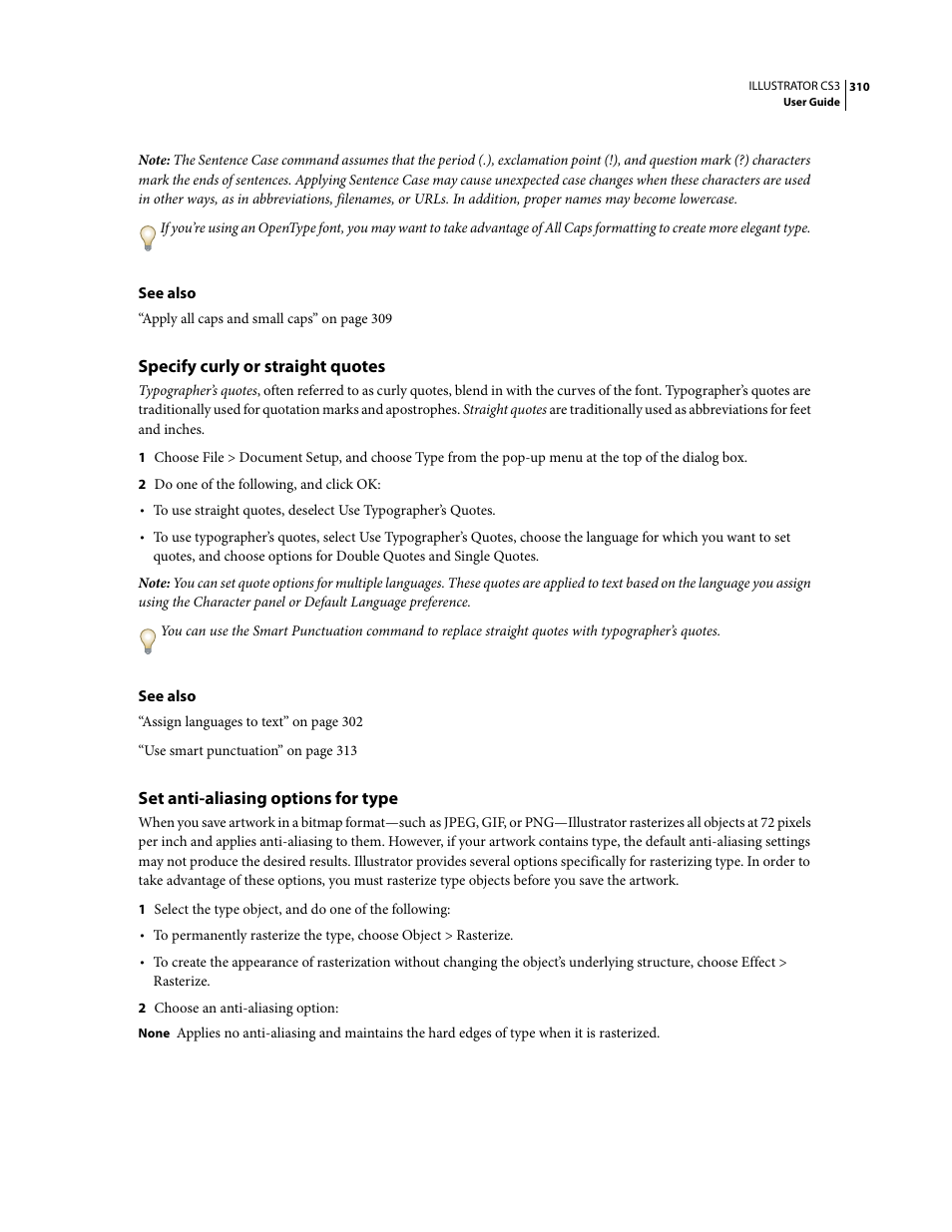 Specify curly or straight quotes, Set anti-aliasing options for type | Adobe Illustrator CS3 User Manual | Page 316 / 495