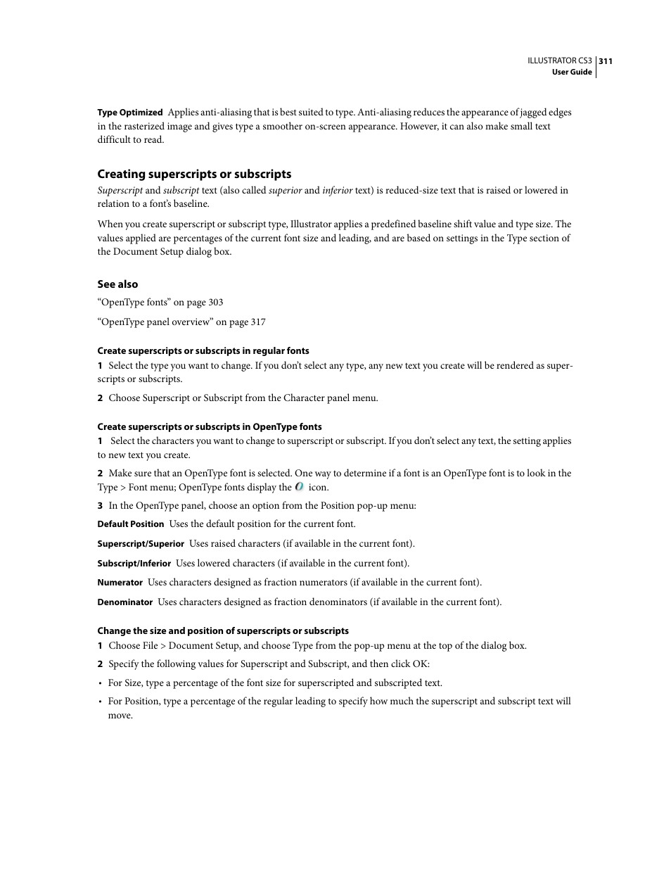 Creating superscripts or subscripts | Adobe Illustrator CS3 User Manual | Page 317 / 495