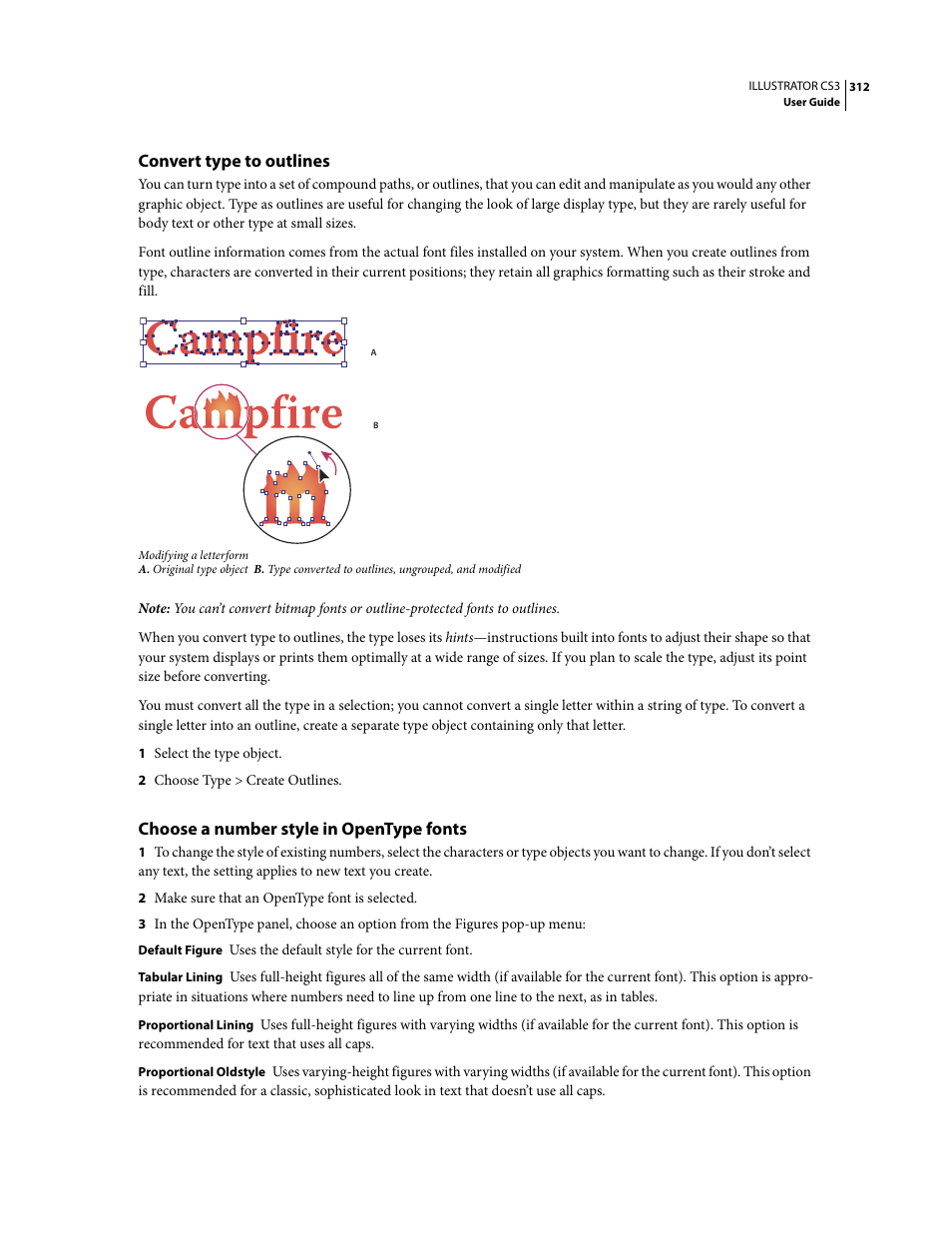 Convert type to outlines, Choose a number style in opentype fonts | Adobe Illustrator CS3 User Manual | Page 318 / 495