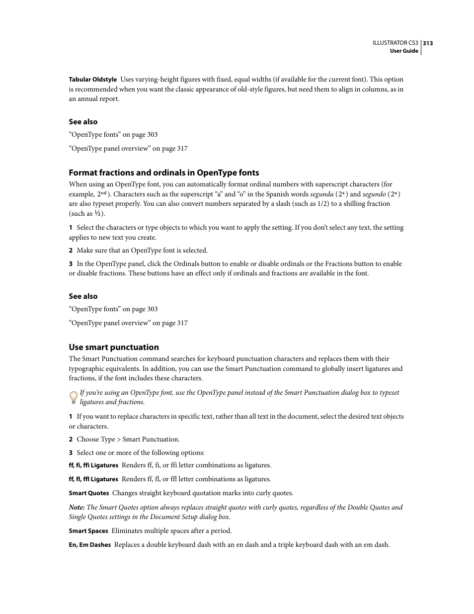 Format fractions and ordinals in opentype fonts, Use smart punctuation | Adobe Illustrator CS3 User Manual | Page 319 / 495