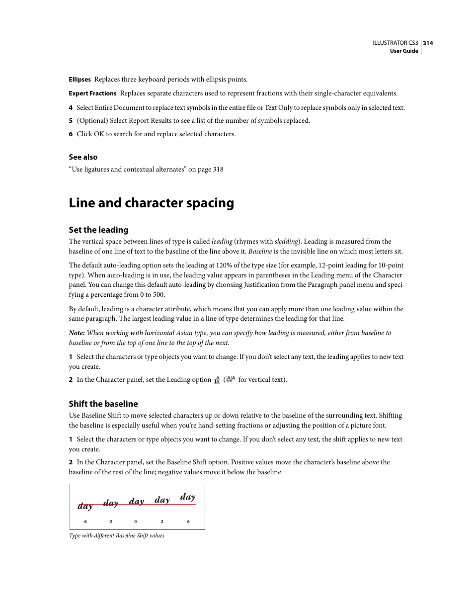 Line and character spacing, Set the leading, Shift the baseline | Adobe Illustrator CS3 User Manual | Page 320 / 495