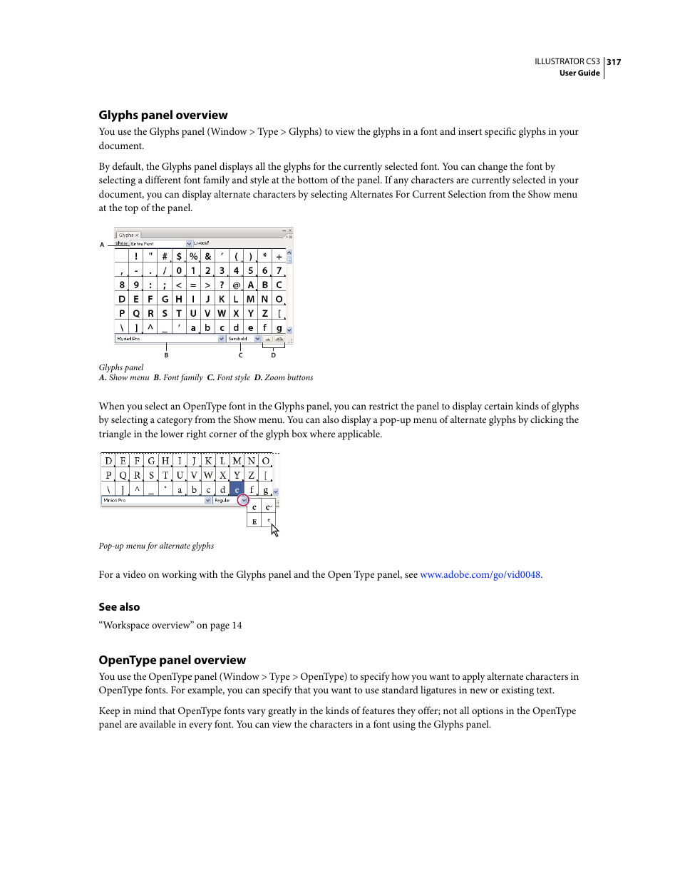 Glyphs panel overview, Opentype panel overview | Adobe Illustrator CS3 User Manual | Page 323 / 495