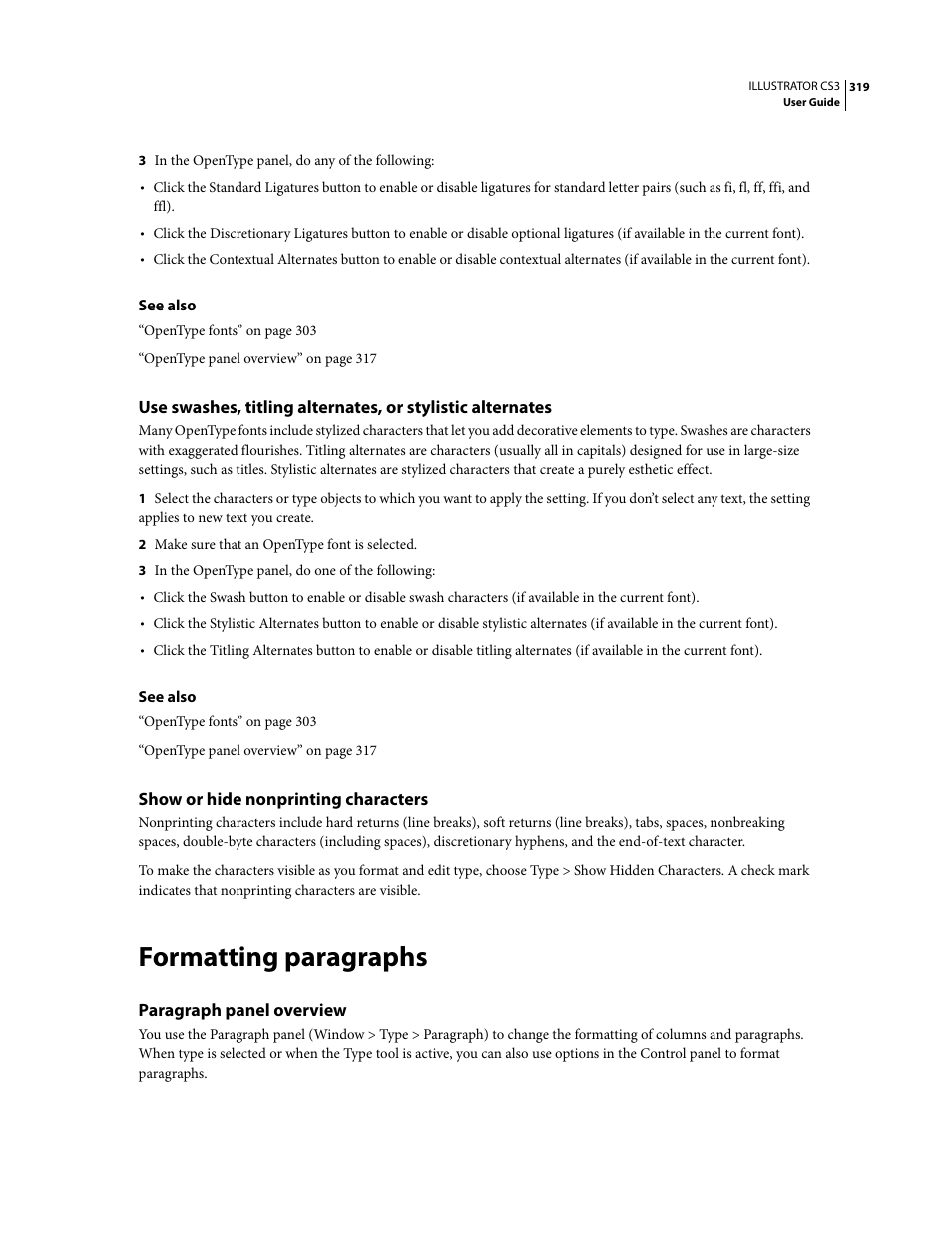 Show or hide nonprinting characters, Formatting paragraphs, Paragraph panel overview | Adobe Illustrator CS3 User Manual | Page 325 / 495