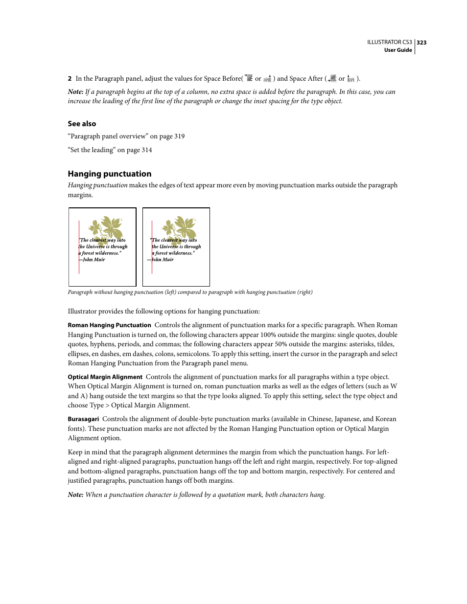 Hanging punctuation | Adobe Illustrator CS3 User Manual | Page 329 / 495