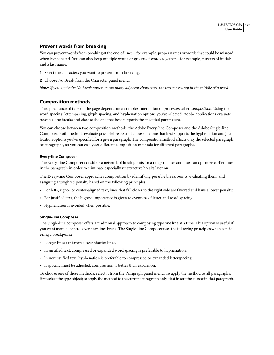 Prevent words from breaking, Composition methods | Adobe Illustrator CS3 User Manual | Page 331 / 495