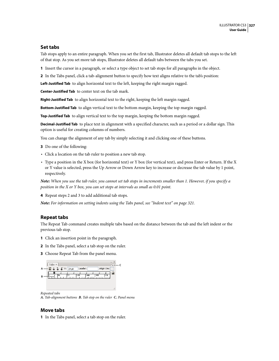 Set tabs, Repeat tabs, Move tabs | Adobe Illustrator CS3 User Manual | Page 333 / 495