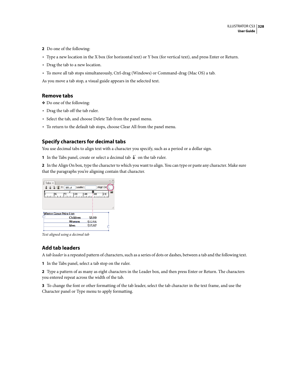 Remove tabs, Specify characters for decimal tabs, Add tab leaders | Adobe Illustrator CS3 User Manual | Page 334 / 495