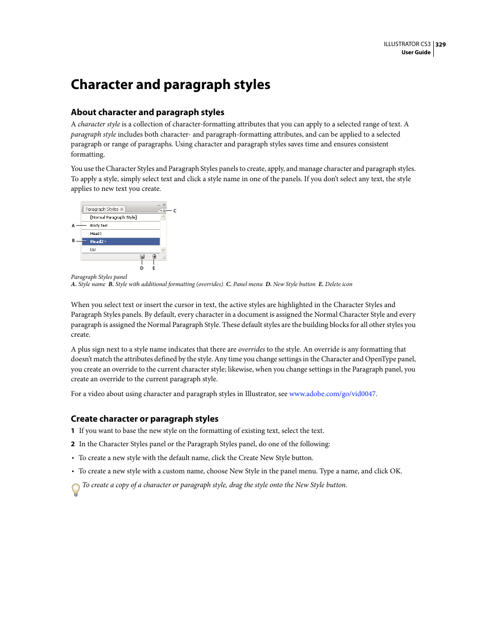 Character and paragraph styles, About character and paragraph styles, Create character or paragraph styles | Adobe Illustrator CS3 User Manual | Page 335 / 495