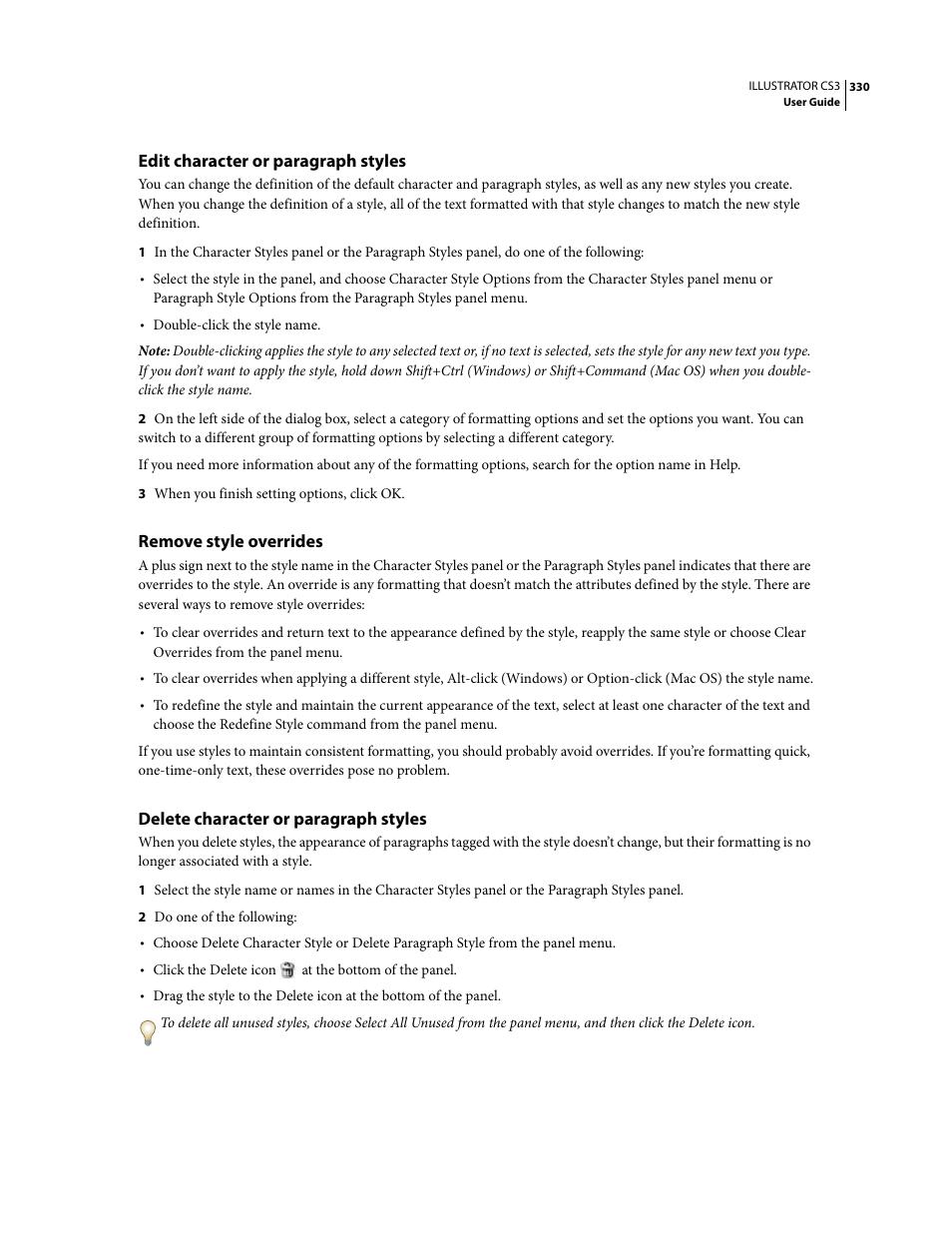 Edit character or paragraph styles, Remove style overrides, Delete character or paragraph styles | Adobe Illustrator CS3 User Manual | Page 336 / 495