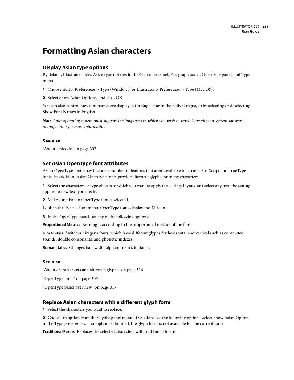 Formatting asian characters, Display asian type options, Set asian opentype font attributes | Adobe Illustrator CS3 User Manual | Page 339 / 495