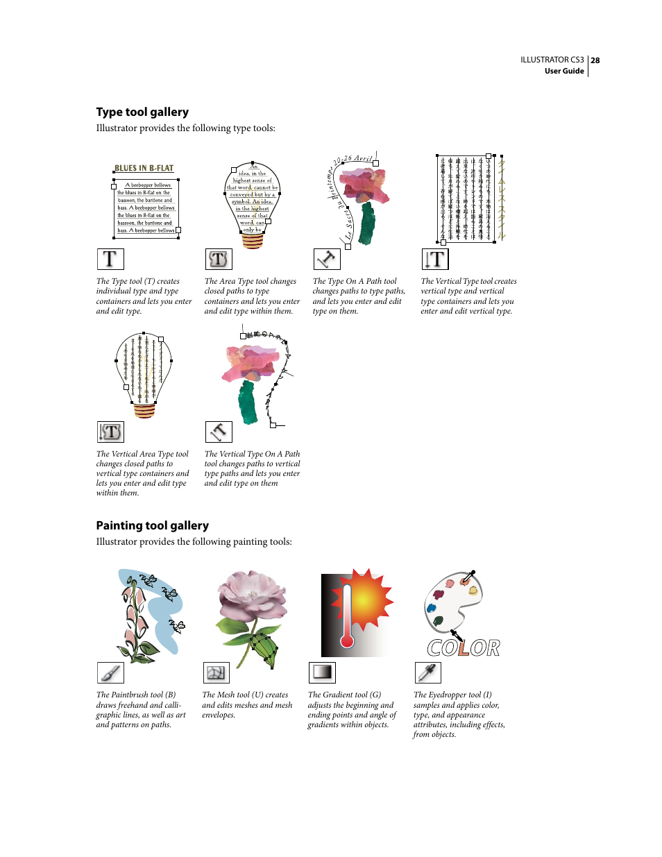 Type tool gallery, Painting tool gallery | Adobe Illustrator CS3 User Manual | Page 34 / 495