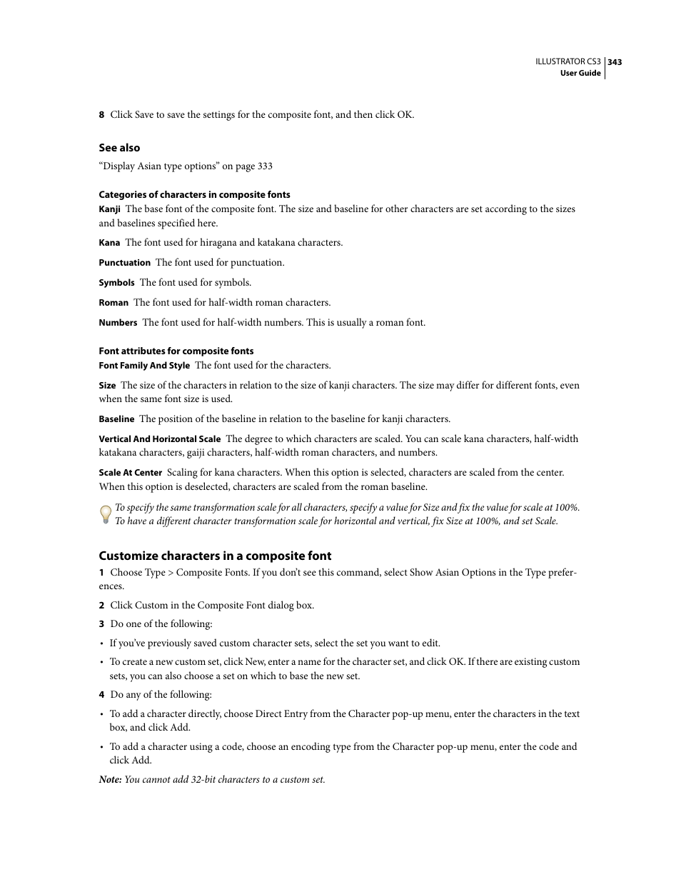 Customize characters in a composite font | Adobe Illustrator CS3 User Manual | Page 349 / 495