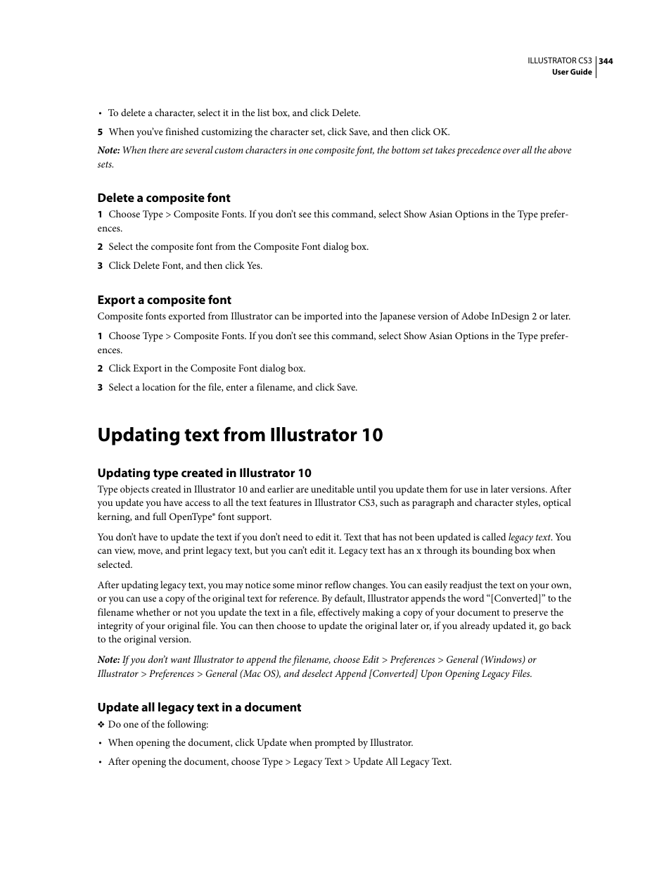 Delete a composite font, Export a composite font, Updating text from illustrator 10 | Updating type created in illustrator 10, Update all legacy text in a document | Adobe Illustrator CS3 User Manual | Page 350 / 495