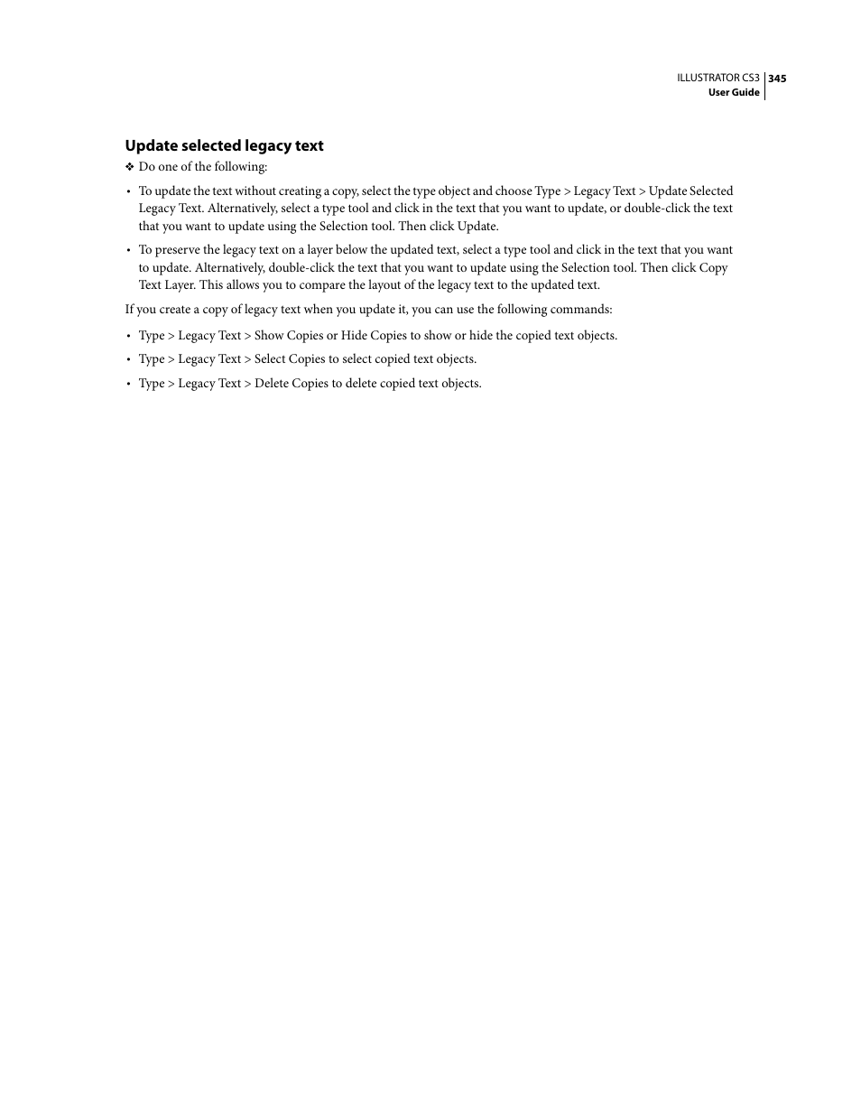 Update selected legacy text | Adobe Illustrator CS3 User Manual | Page 351 / 495