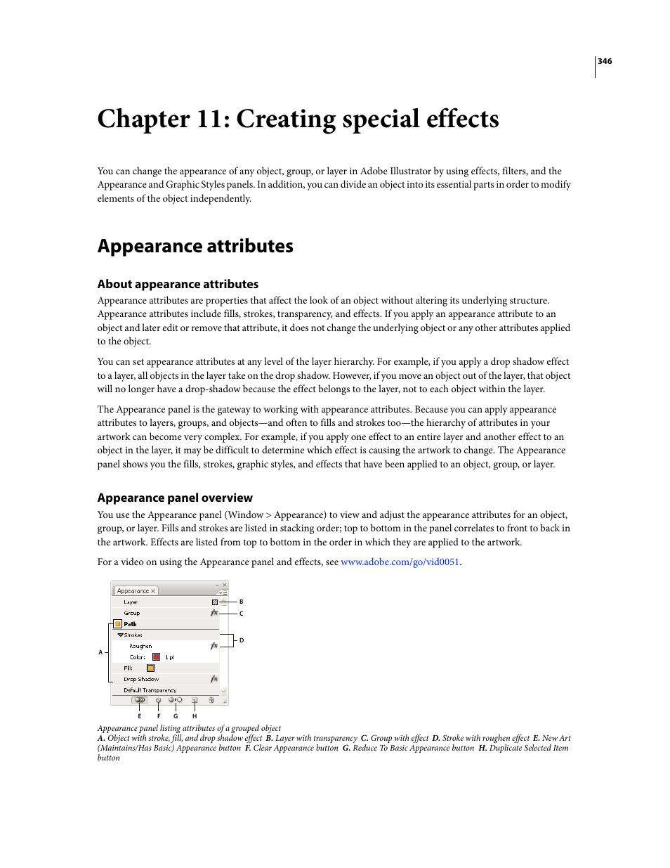 Chapter 11: creating special effects, Appearance attributes, About appearance attributes | Appearance panel overview | Adobe Illustrator CS3 User Manual | Page 352 / 495