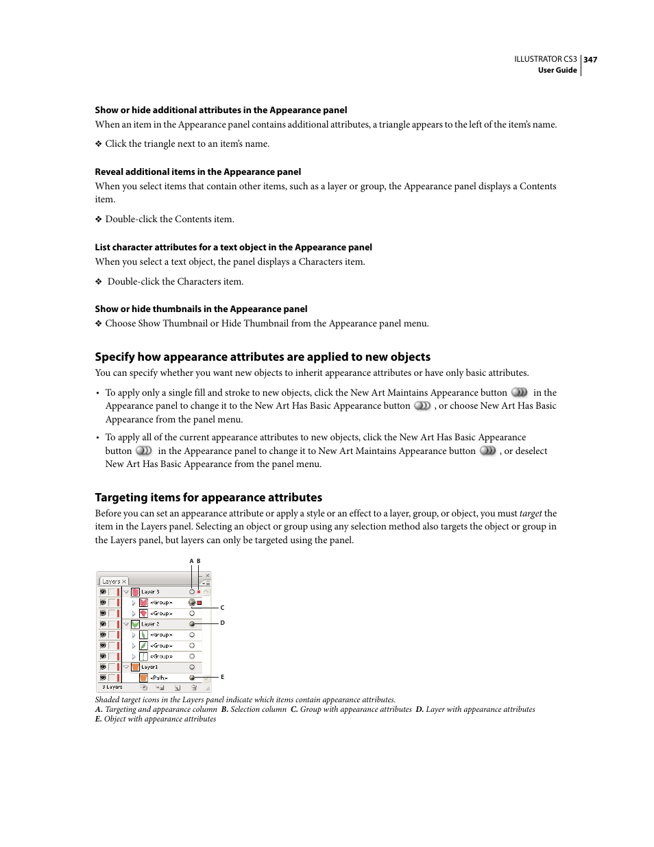 Targeting items for appearance attributes | Adobe Illustrator CS3 User Manual | Page 353 / 495