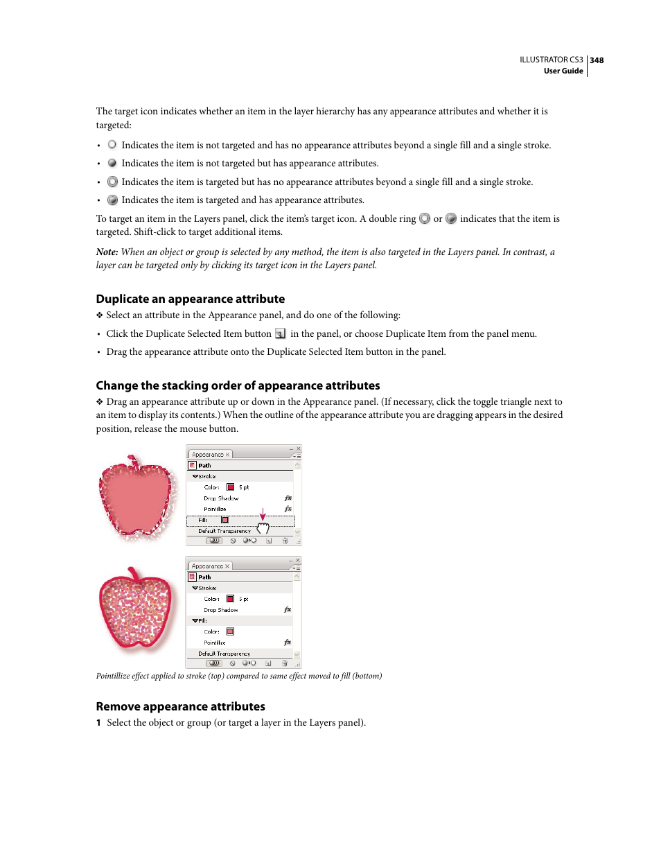 Duplicate an appearance attribute, Change the stacking order of appearance attributes, Remove appearance attributes | Adobe Illustrator CS3 User Manual | Page 354 / 495