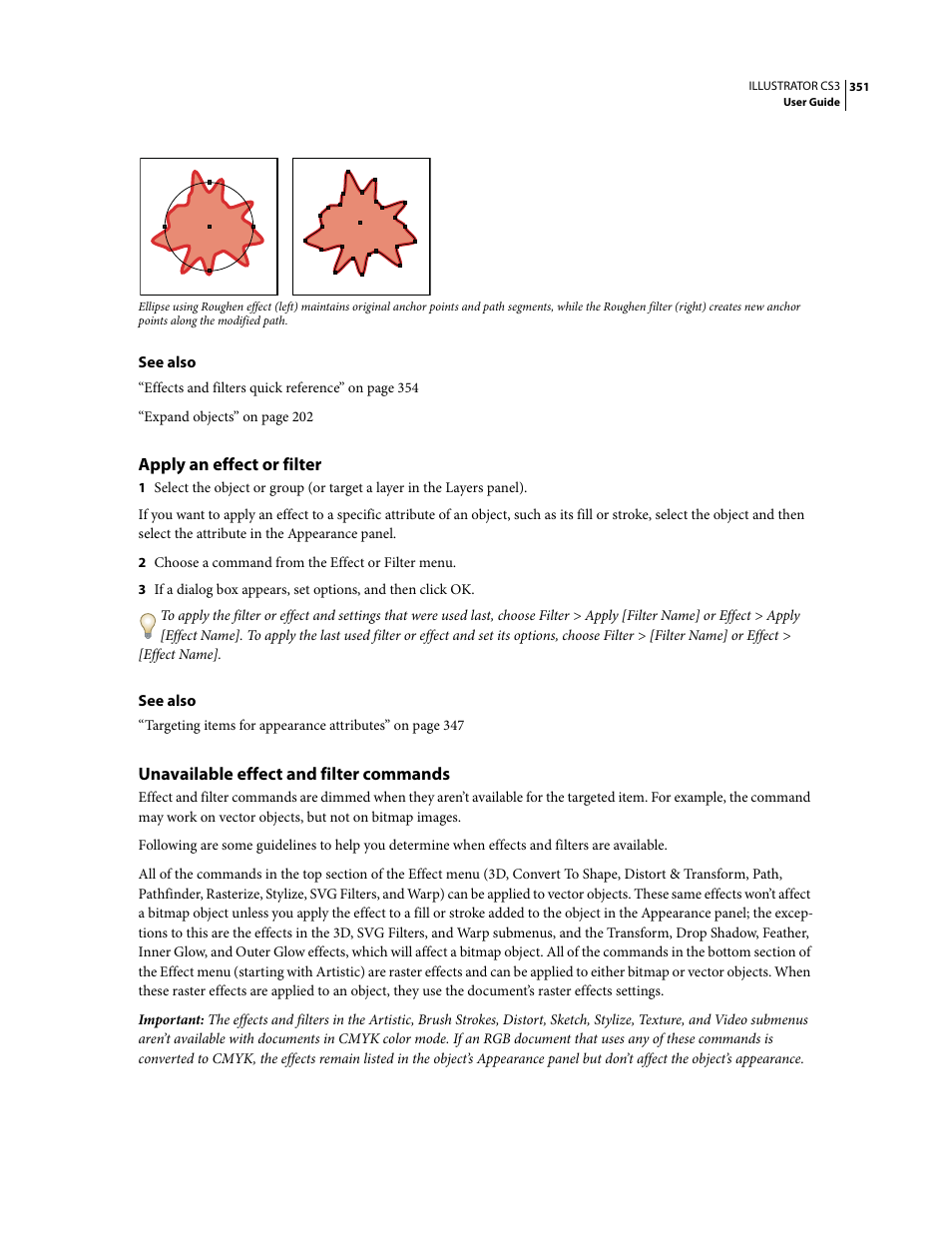 Apply an effect or filter, Unavailable effect and filter commands | Adobe Illustrator CS3 User Manual | Page 357 / 495