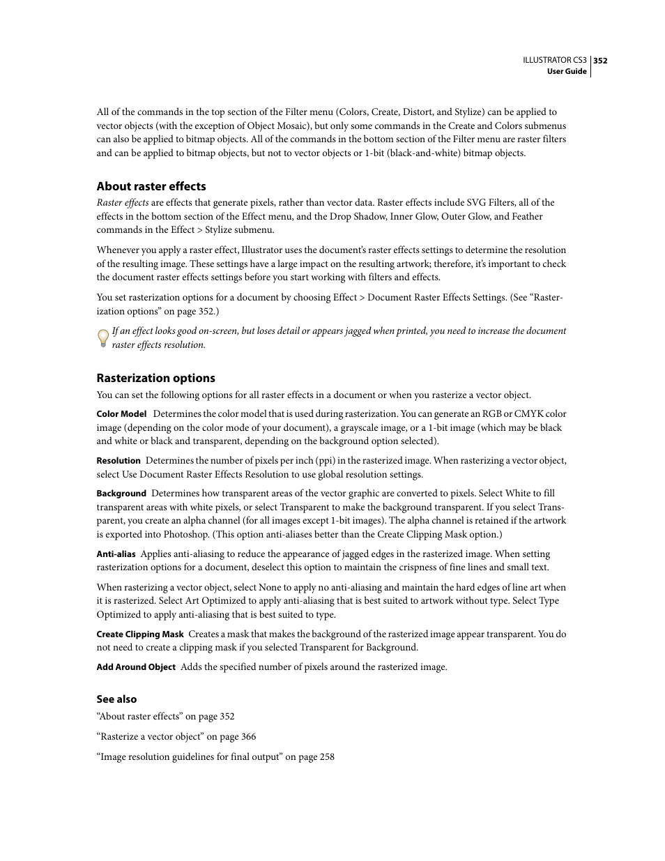 About raster effects, Rasterization options | Adobe Illustrator CS3 User Manual | Page 358 / 495