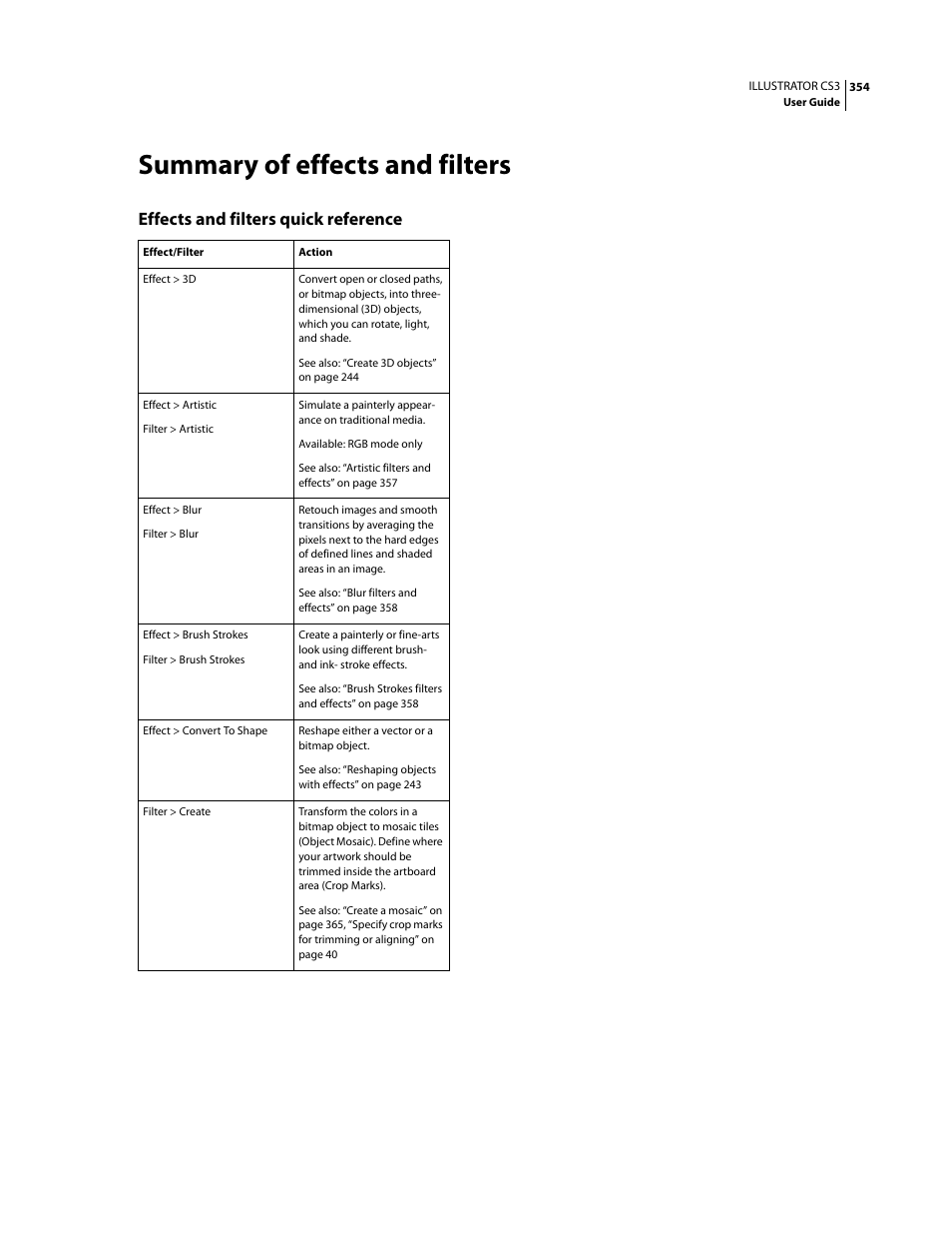Summary of effects and filters, Effects and filters quick reference | Adobe Illustrator CS3 User Manual | Page 360 / 495