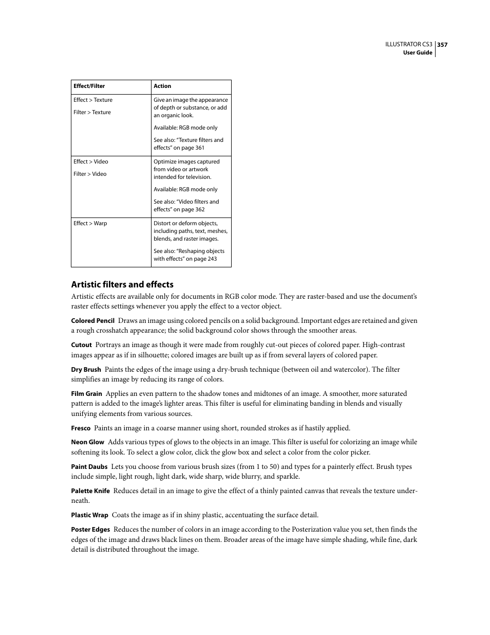 Artistic filters and effects | Adobe Illustrator CS3 User Manual | Page 363 / 495