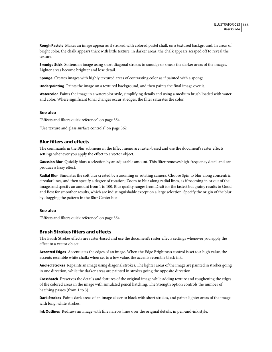 Blur filters and effects, Brush strokes filters and effects | Adobe Illustrator CS3 User Manual | Page 364 / 495