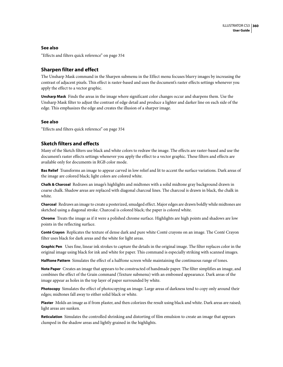 Sharpen filter and effect, Sketch filters and effects | Adobe Illustrator CS3 User Manual | Page 366 / 495
