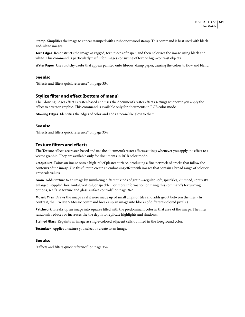 Stylize filter and effect (bottom of menu), Texture filters and effects | Adobe Illustrator CS3 User Manual | Page 367 / 495