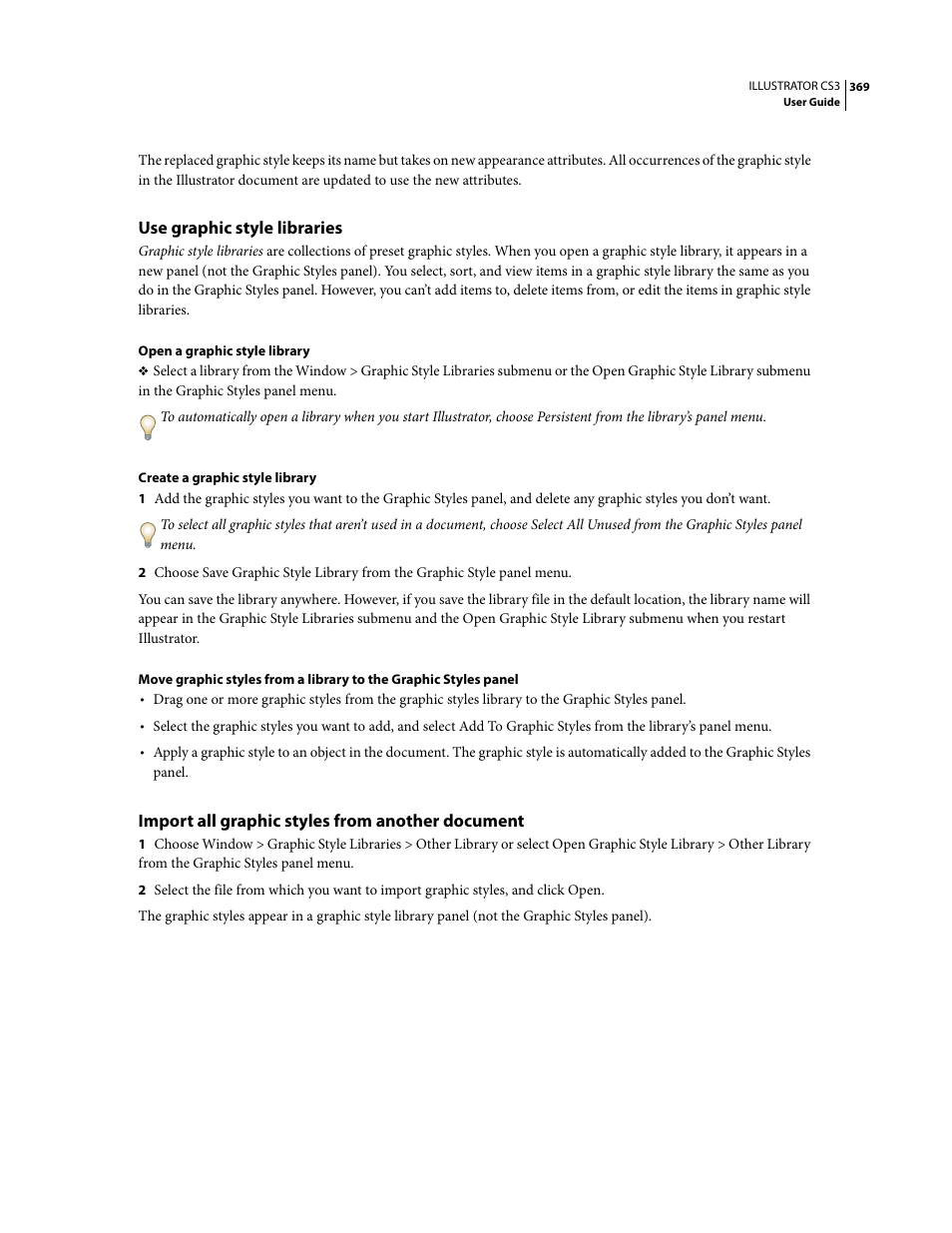 Use graphic style libraries, Import all graphic styles from another document | Adobe Illustrator CS3 User Manual | Page 375 / 495