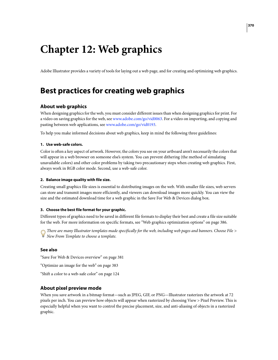 Chapter 12: web graphics, Best practices for creating web graphics, About web graphics | About pixel preview mode | Adobe Illustrator CS3 User Manual | Page 376 / 495