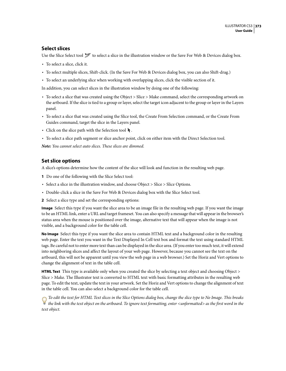 Select slices, Set slice options | Adobe Illustrator CS3 User Manual | Page 379 / 495