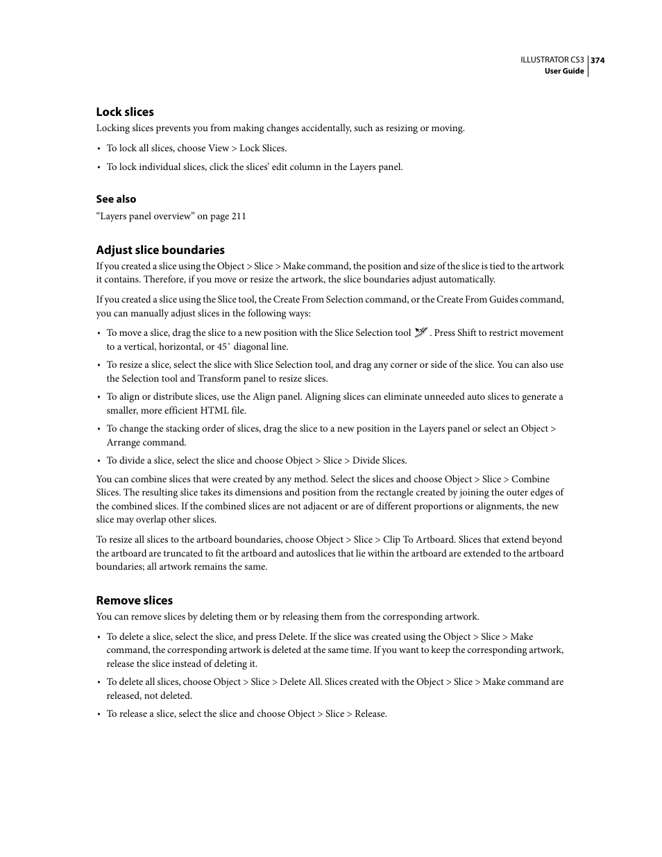 Lock slices, Adjust slice boundaries, Remove slices | Adobe Illustrator CS3 User Manual | Page 380 / 495
