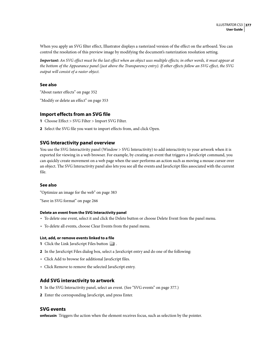 Import effects from an svg file, Svg interactivity panel overview, Add svg interactivity to artwork | Svg events | Adobe Illustrator CS3 User Manual | Page 383 / 495