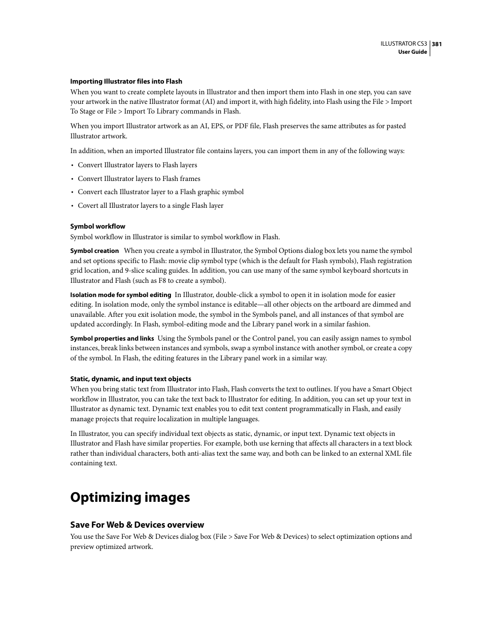 Optimizing images, Save for web & devices overview | Adobe Illustrator CS3 User Manual | Page 387 / 495