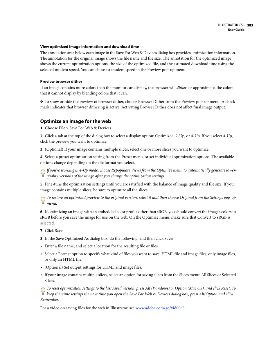 Optimize an image for the web | Adobe Illustrator CS3 User Manual | Page 389 / 495