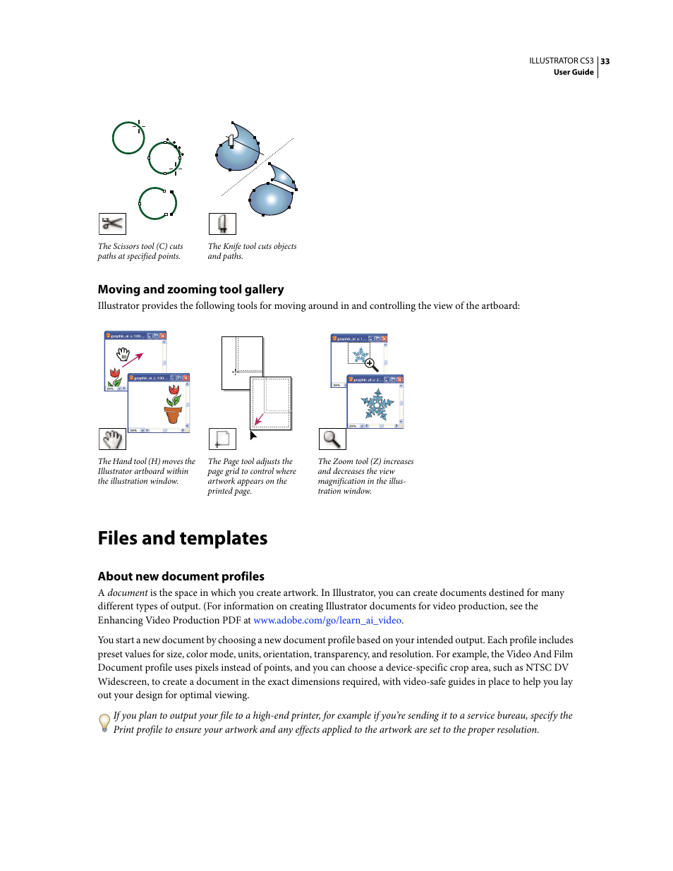 Moving and zooming tool gallery, Files and templates, About new document profiles | Adobe Illustrator CS3 User Manual | Page 39 / 495