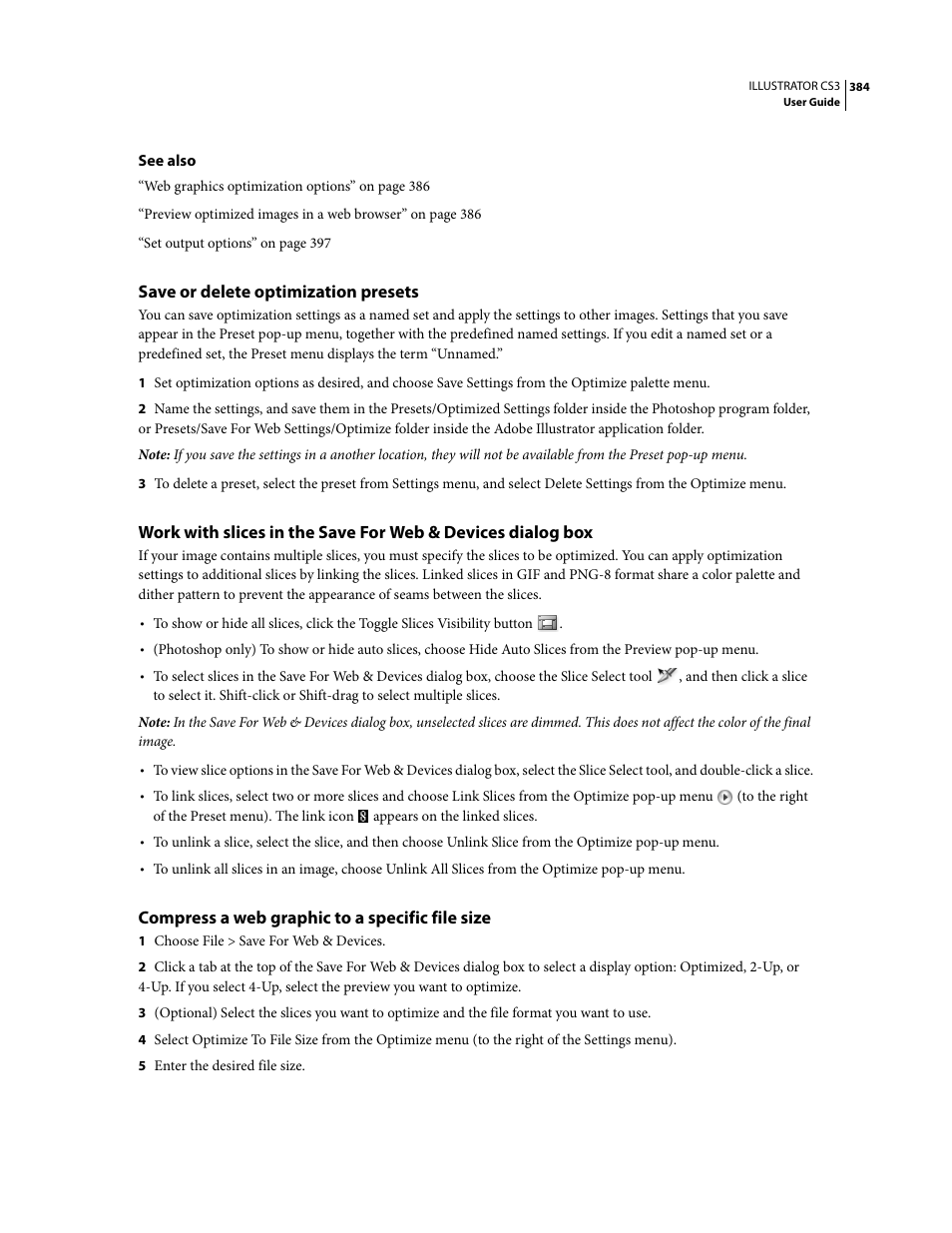 Save or delete optimization presets, Compress a web graphic to a specific file size | Adobe Illustrator CS3 User Manual | Page 390 / 495