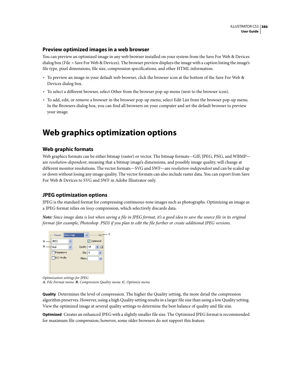 Preview optimized images in a web browser, Web graphics optimization options, Web graphic formats | Jpeg optimization options | Adobe Illustrator CS3 User Manual | Page 392 / 495