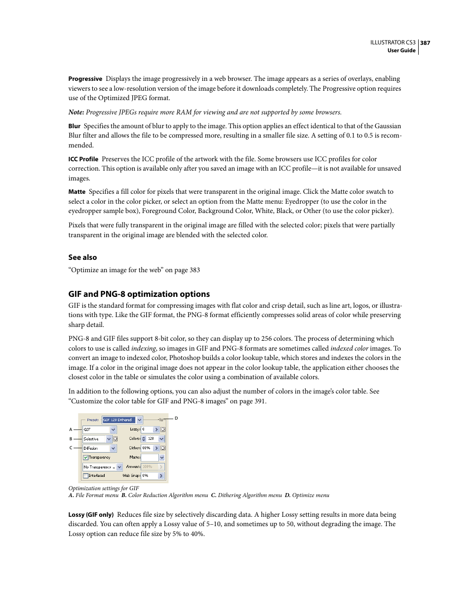 Gif and png-8 optimization options | Adobe Illustrator CS3 User Manual | Page 393 / 495