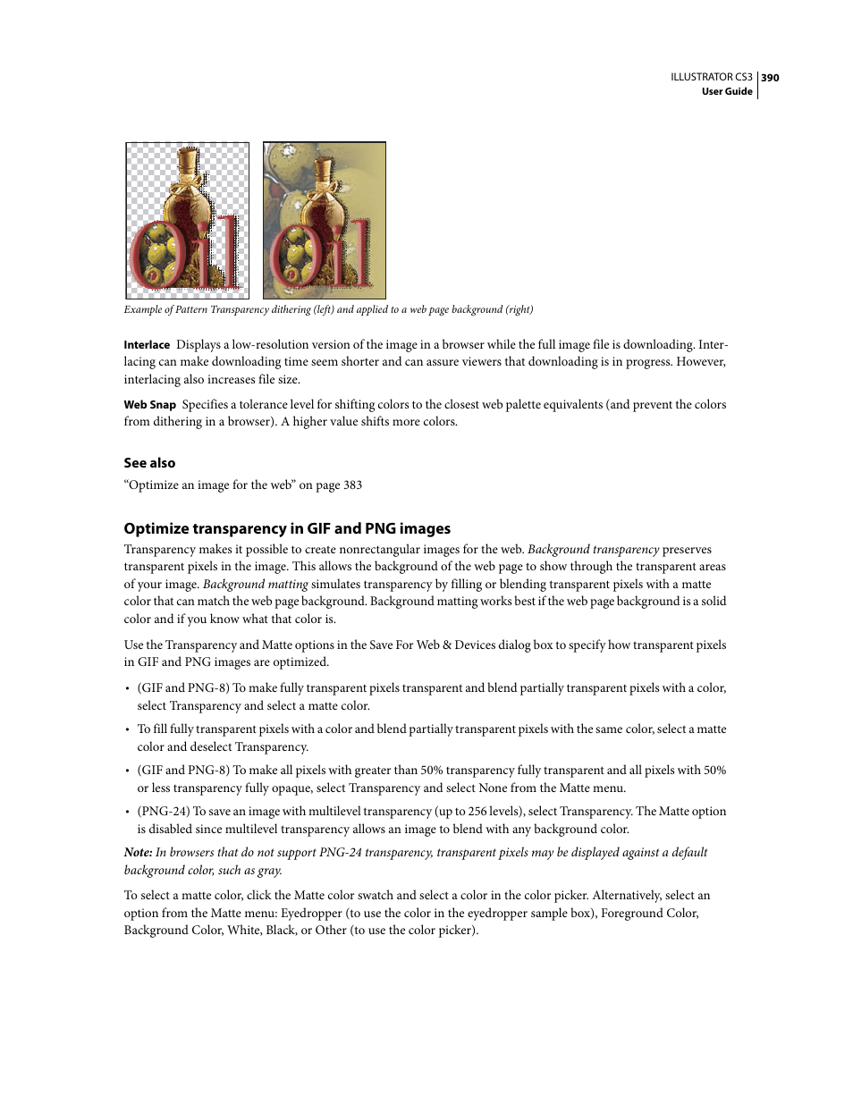 Optimize transparency in gif and png images | Adobe Illustrator CS3 User Manual | Page 396 / 495
