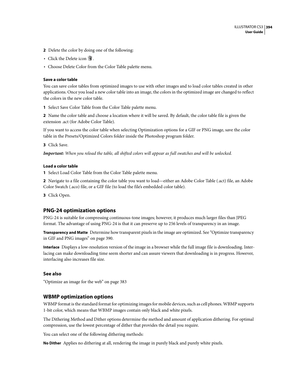 Png-24 optimization options, Wbmp optimization options | Adobe Illustrator CS3 User Manual | Page 400 / 495