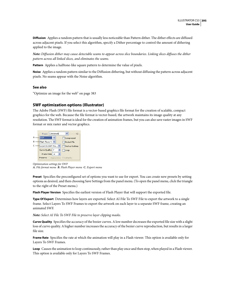 Swf optimization options (illustrator) | Adobe Illustrator CS3 User Manual | Page 401 / 495