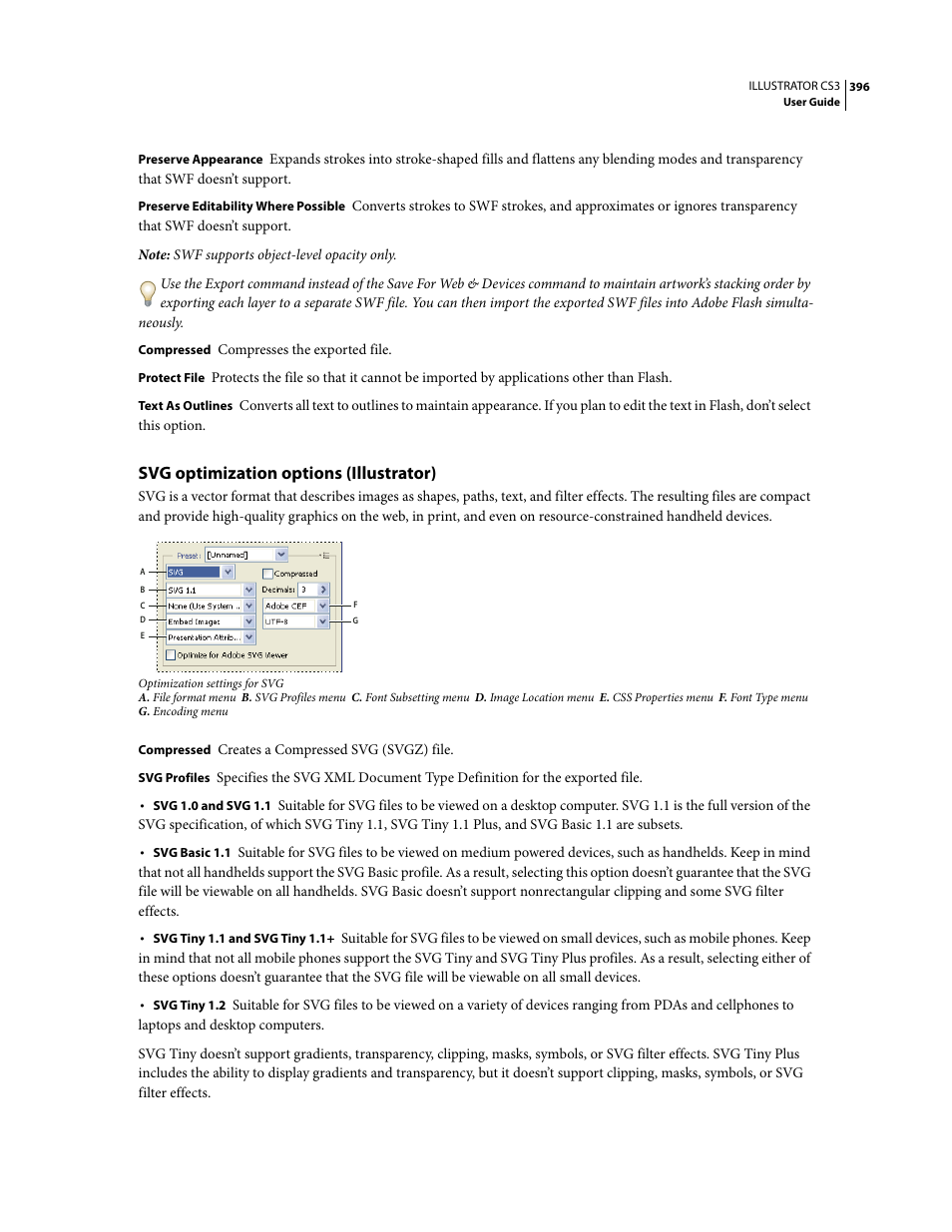 Svg optimization options (illustrator) | Adobe Illustrator CS3 User Manual | Page 402 / 495