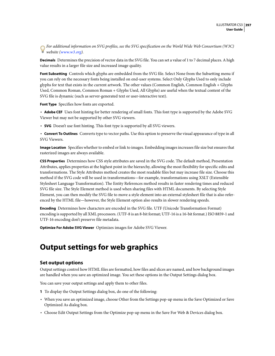 Output settings for web graphics, Set output options | Adobe Illustrator CS3 User Manual | Page 403 / 495