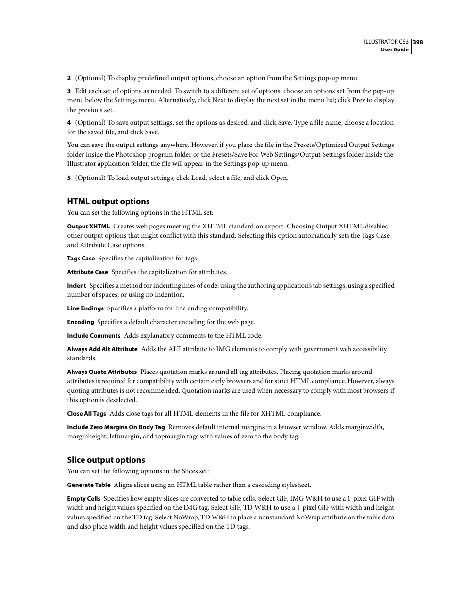 Html output options, Slice output options | Adobe Illustrator CS3 User Manual | Page 404 / 495